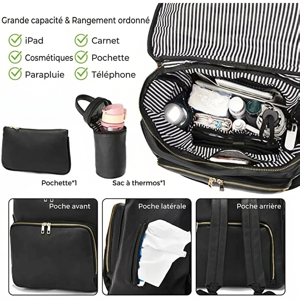 Sac à dos à langer cuir — Femmes attaches poussette poche humide – Maison Lunö (photo 2)