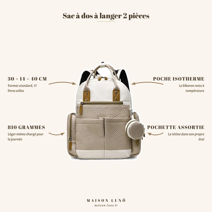 Sac à dos à langer 2 pièces Maison Lunö — dimensions 30 × 14 × 40 cm, 17 litres utiles, 810 g, poche isotherme et pochette assortie