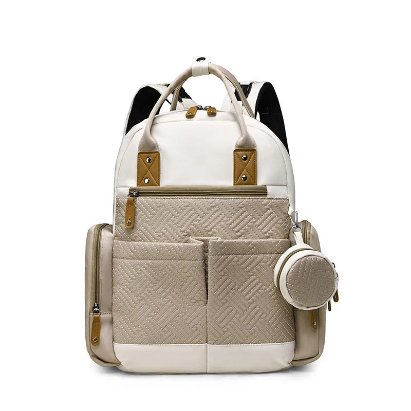 Sac à dos à langer 2 pièces Maison Lunö — coloris taupe et blanc, avec sa pochette à tétine assortie