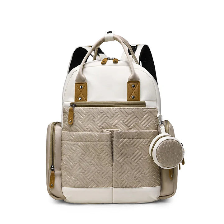 Sac à dos à langer 2 pièces Maison Lunö — coloris taupe et blanc, avec sa pochette à tétine assortie