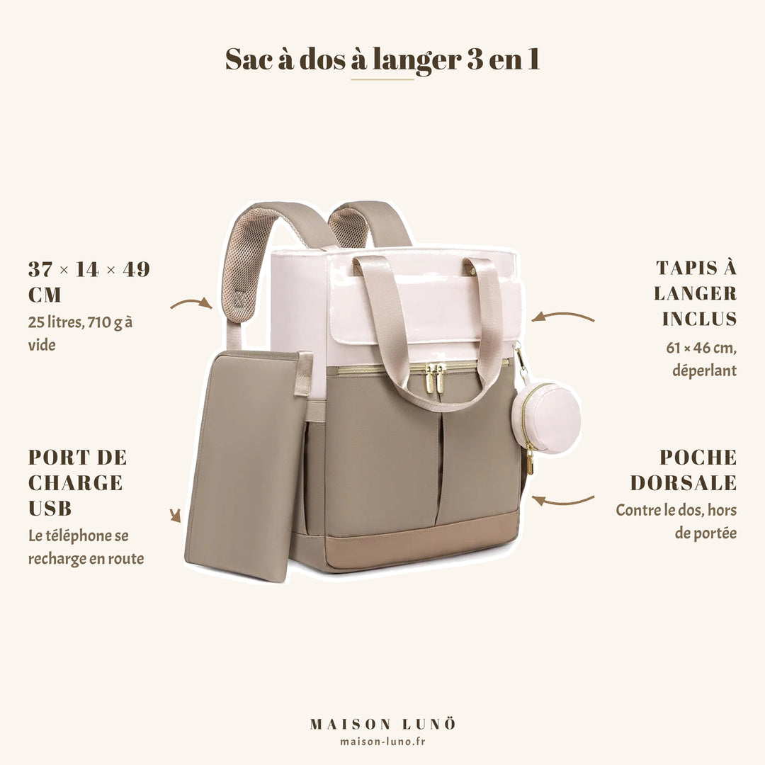 Sac à dos à langer 3 en 1 Maison Lunö — 37 × 14 × 49 cm, 25 litres, tapis à langer 61 × 46 cm, port USB et poche dorsale