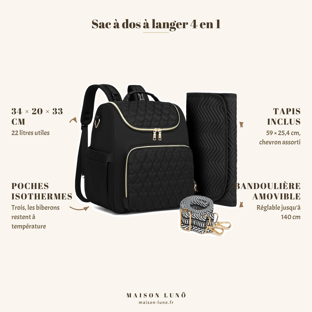 Sac à dos à langer 4 en 1 Maison Lunö — 34 × 20 × 33 cm, 22 litres, tapis à langer 59 × 25,4 cm et bandoulière amovible