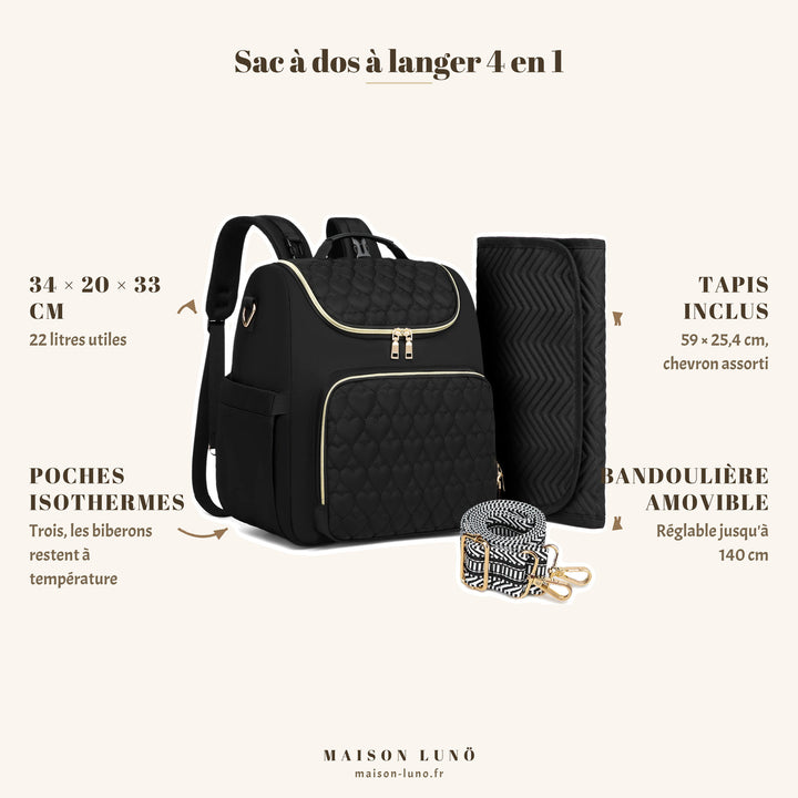 Sac à dos à langer 4 en 1 Maison Lunö — 34 × 20 × 33 cm, 22 litres, tapis à langer 59 × 25,4 cm et bandoulière amovible