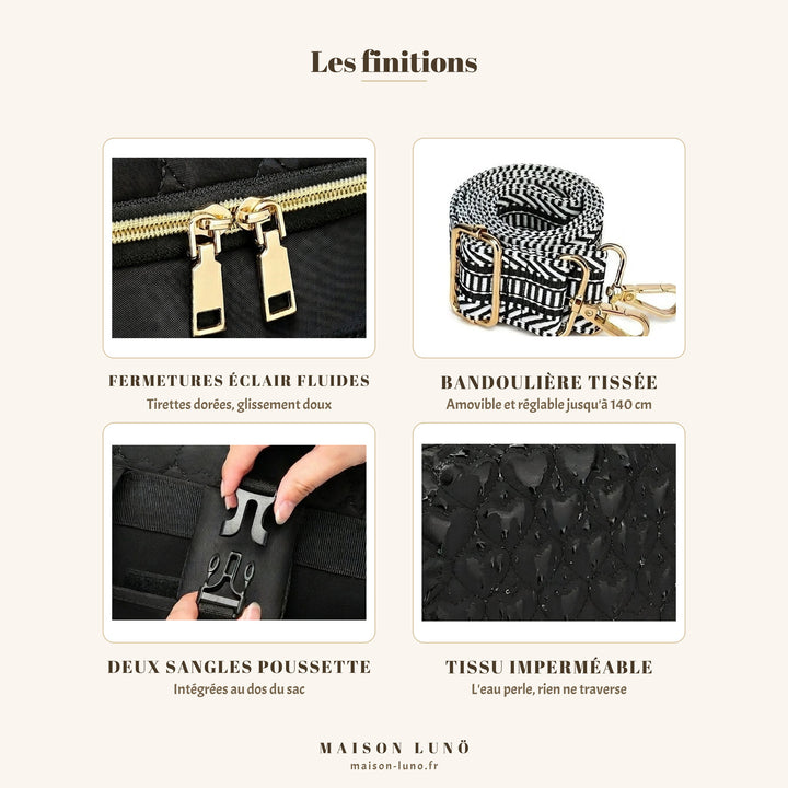 Finitions du sac à dos à langer 4 en 1 Maison Lunö — fermetures éclair dorées, bandoulière tissée, sangles poussette et tissu imperméable
