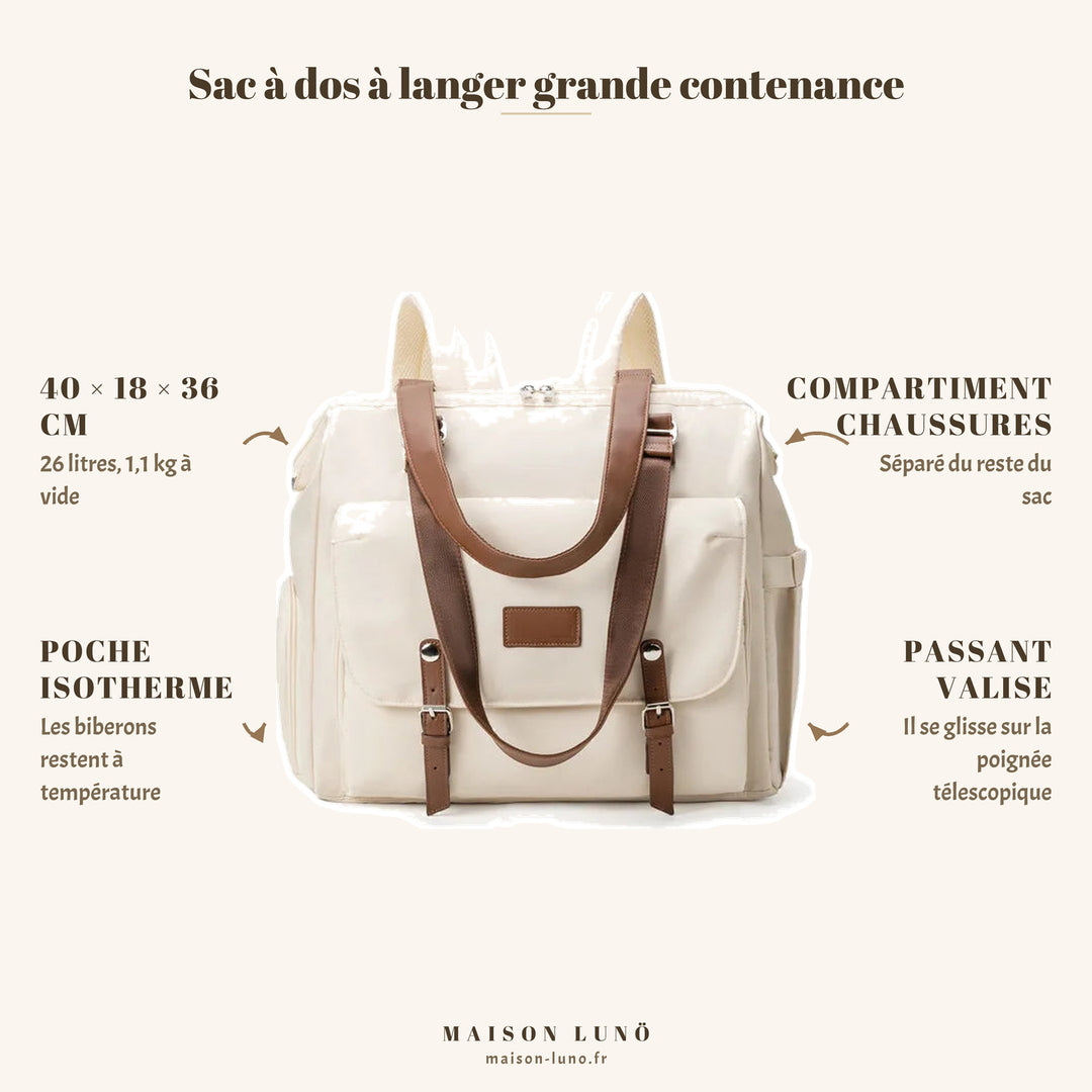 Sac à dos à langer grande contenance Maison Lunö — 40 × 18 × 36 cm, 26 litres, compartiment chaussures séparé et poche isotherme