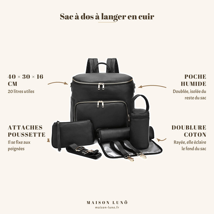 Sac à dos à langer en cuir Maison Lunö — 40 × 30 × 16 cm, 20 litres, poche humide, attaches poussette et doublure coton