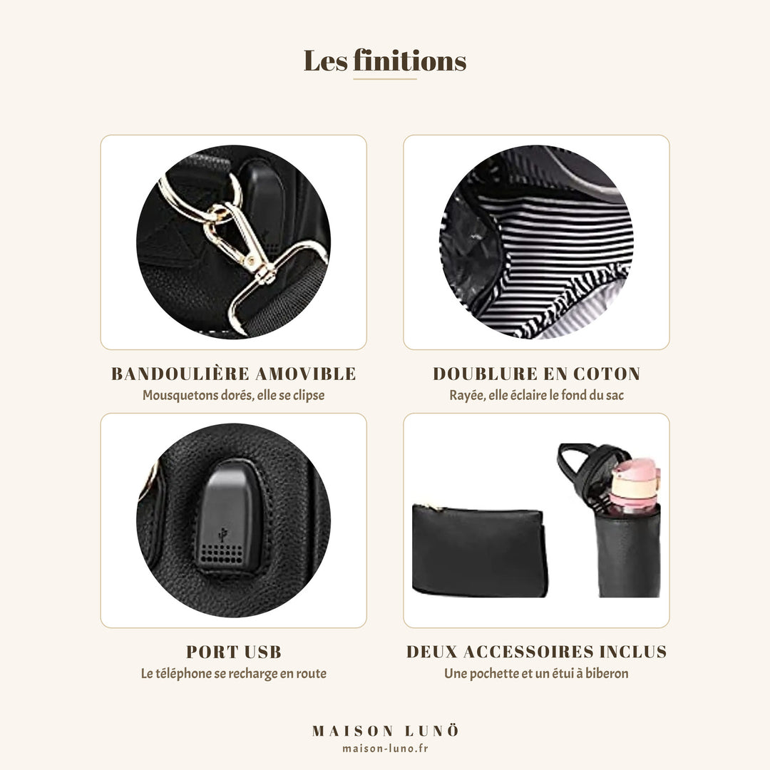 Finitions du sac à dos à langer en cuir Maison Lunö — bandoulière amovible, doublure en coton rayée, port USB et deux accessoires inclus