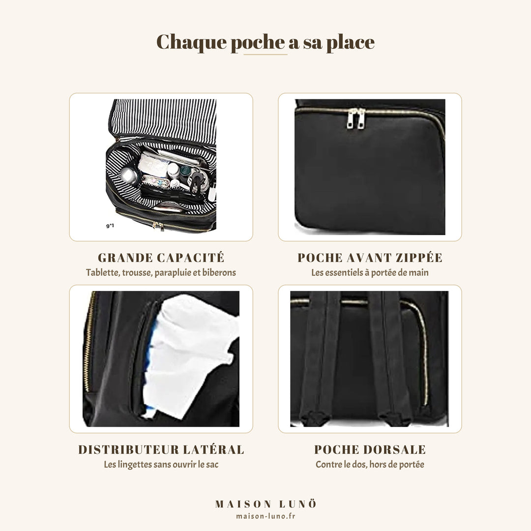 Rangements du sac à dos à langer en cuir Maison Lunö — grande capacité, poche avant zippée, distributeur latéral de lingettes et poche dorsale