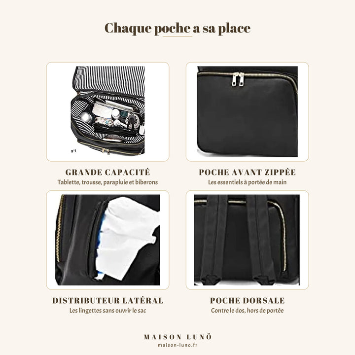 Rangements du sac à dos à langer en cuir Maison Lunö — grande capacité, poche avant zippée, distributeur latéral de lingettes et poche dorsale