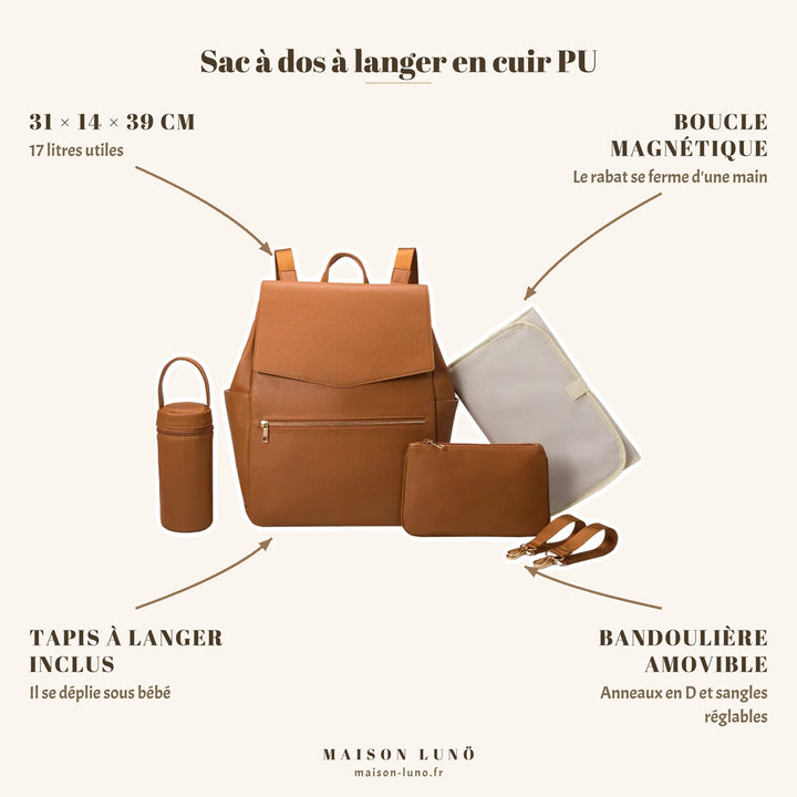 Sac à dos à langer en cuir PU Maison Lunö — 31 × 14 × 39 cm, 17 litres, boucle magnétique et tapis à langer inclus