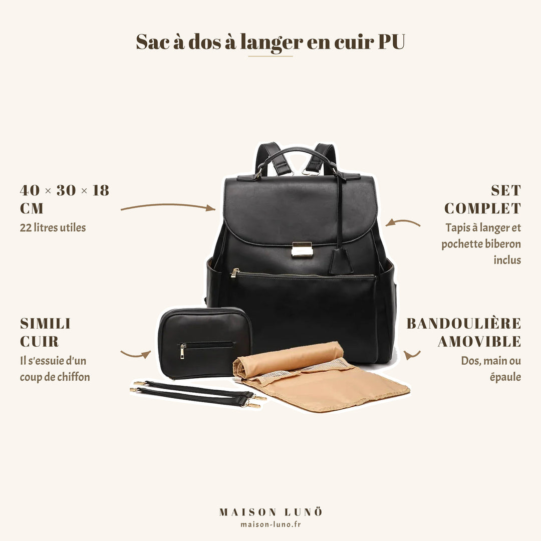 Sac à dos à langer en cuir PU Maison Lunö — 40 × 30 × 18 cm, 22 litres, tapis à langer et pochette biberon inclus