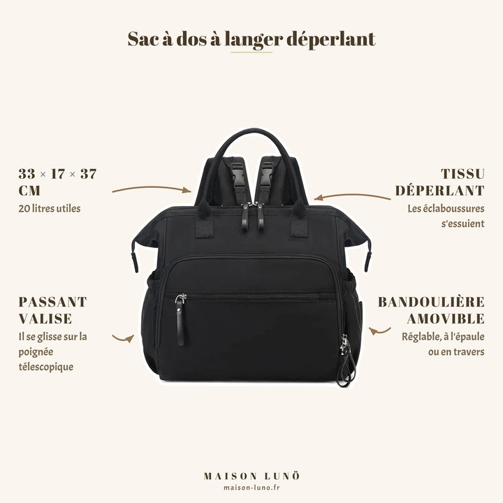 Sac à dos à langer déperlant Maison Lunö — 33 × 17 × 37 cm, 20 litres, passant valise et bandoulière amovible