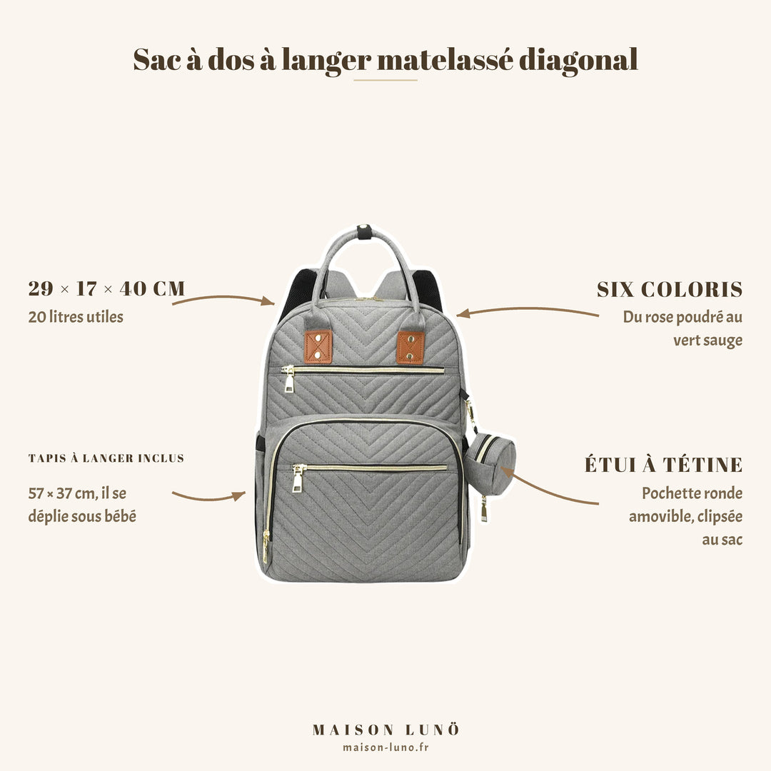 Sac à dos à langer matelassé diagonal Maison Lunö — 29 × 17 × 40 cm, 20 litres, tapis à langer 57 × 37 cm et étui à tétine