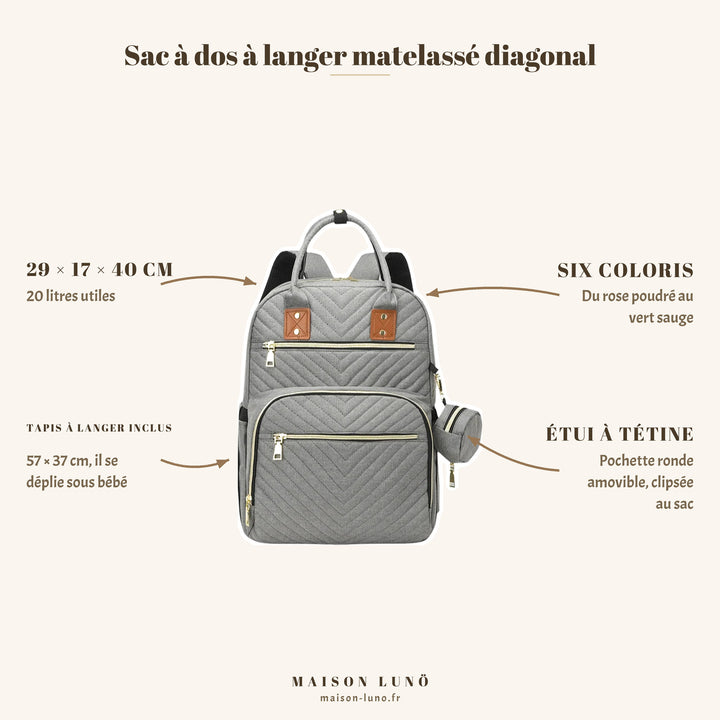Sac à dos à langer matelassé diagonal Maison Lunö — 29 × 17 × 40 cm, 20 litres, tapis à langer 57 × 37 cm et étui à tétine