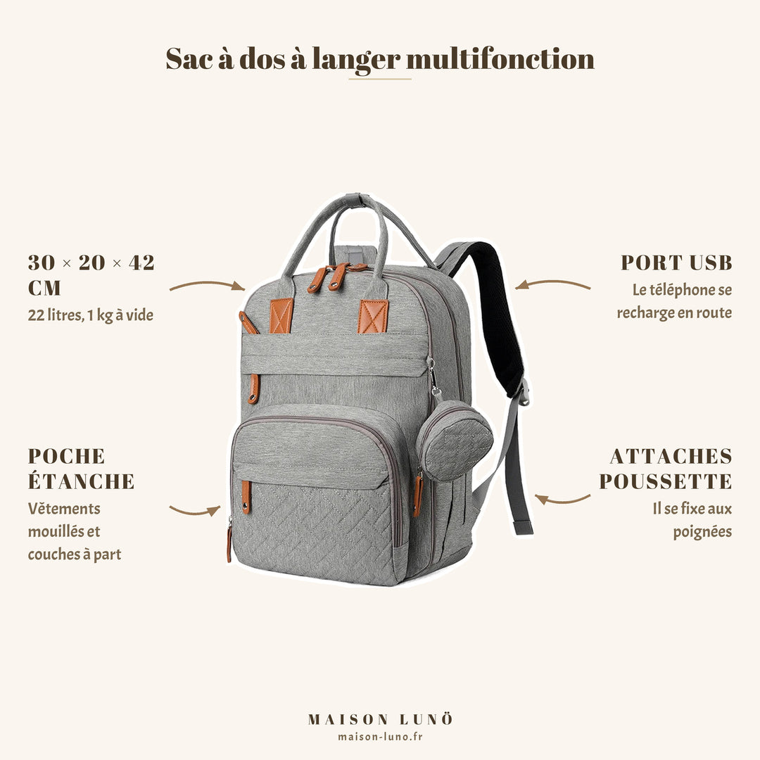 Sac à dos à langer multifonction Maison Lunö — 30 × 20 × 42 cm, 22 litres, port USB, poche étanche et attaches poussette
