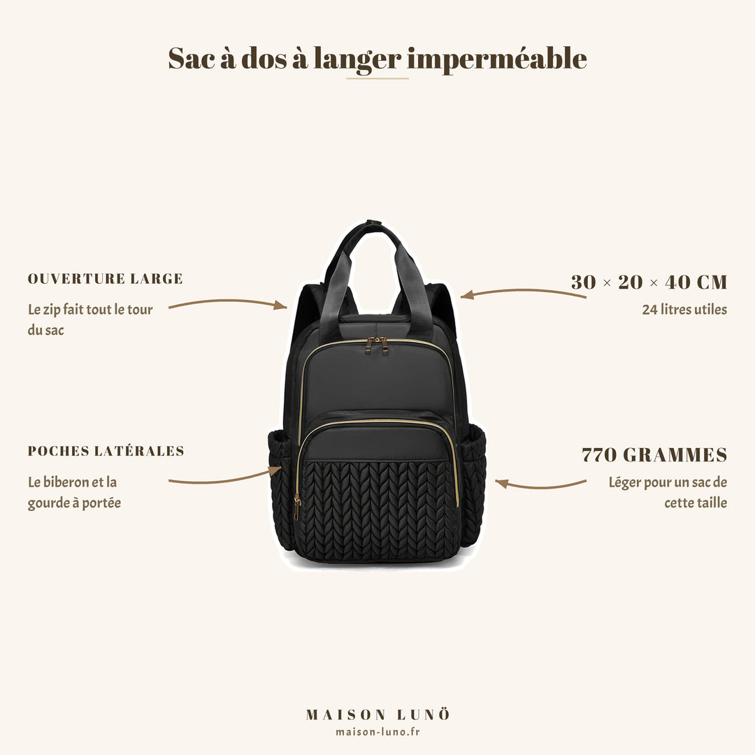 Sac à dos à langer imperméable Maison Lunö — 30 × 20 × 40 cm, 24 litres, 770 g, ouverture large et poches latérales pour biberon et gourde