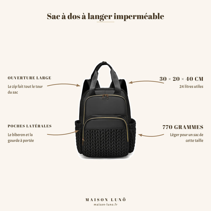 Sac à dos à langer imperméable Maison Lunö — 30 × 20 × 40 cm, 24 litres, 770 g, ouverture large et poches latérales pour biberon et gourde