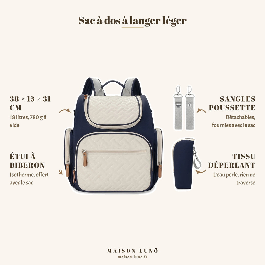 Sac à dos à langer léger Maison Lunö — 38 × 15 × 31 cm, 18 litres, sangles poussette et étui à biberon isotherme