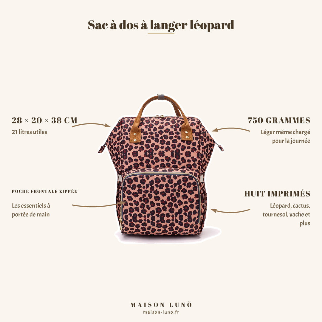 Sac à dos à langer léopard Maison Lunö — 28 × 20 × 38 cm, 21 litres, 750 g, poche frontale zippée et huit imprimés au choix
