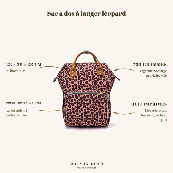 Sac à dos à langer léopard Maison Lunö — 28 × 20 × 38 cm, 21 litres, 750 g, poche frontale zippée et huit imprimés au choix