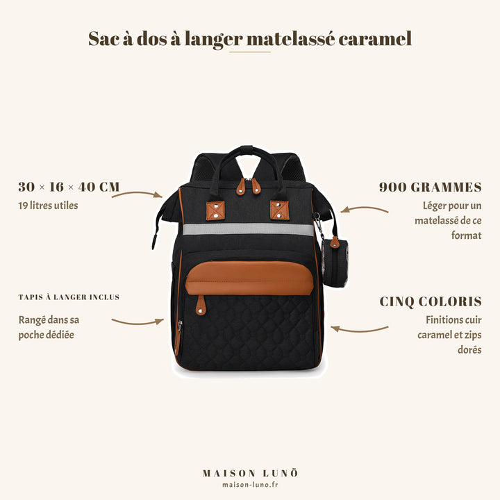Sac à dos à langer matelassé bandes cuir caramel Maison Lunö — 30 × 16 × 40 cm, 19 litres, 900 g, tapis à langer inclus et cinq coloris
