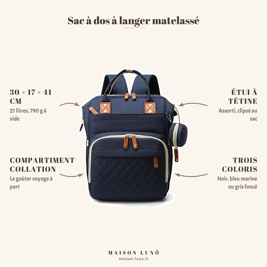 Sac à dos à langer matelassé Maison Lunö — 30 × 17 × 41 cm, 21 litres, étui à tétine et compartiment collation