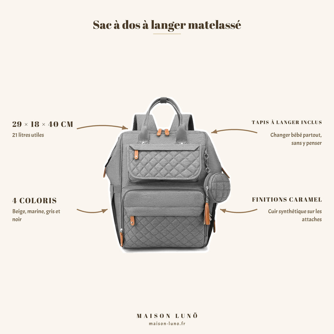 Sac à dos à langer matelassé losanges Maison Lunö — 29 × 18 × 40 cm, 21 litres utiles, tapis à langer nomade inclus, quatre coloris