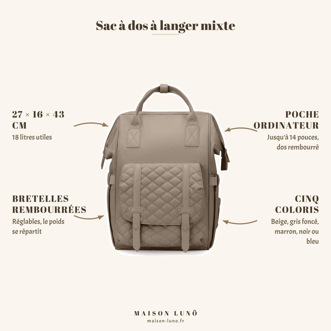 Sac à dos à langer mixte Maison Lunö — 27 × 16 × 43 cm, 18 litres, poche ordinateur 14 pouces et cinq coloris