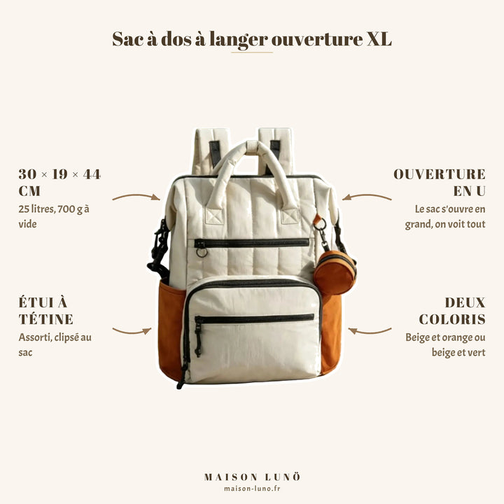 Sac à dos à langer ouverture XL Maison Lunö — 30 × 19 × 44 cm, 25 litres, ouverture en U et étui à tétine assorti