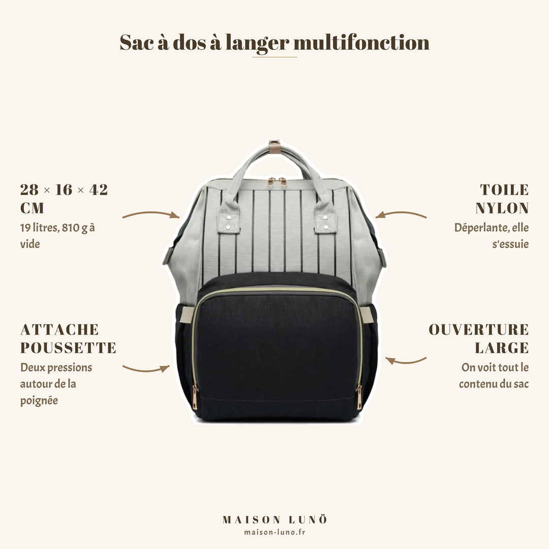 Sac à dos à langer multifonction Maison Lunö — 28 × 16 × 42 cm, 19 litres, toile nylon déperlante et attache poussette