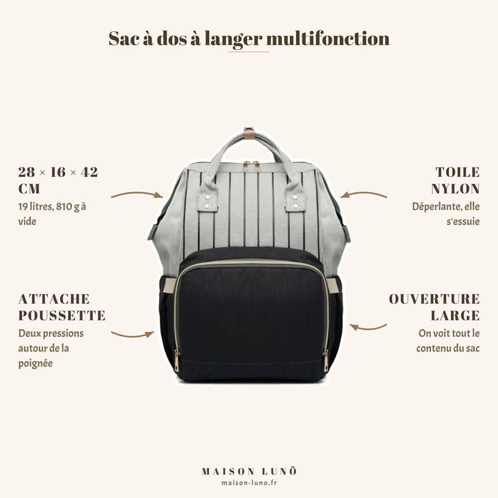 Sac à dos à langer multifonction Maison Lunö — 28 × 16 × 42 cm, 19 litres, toile nylon déperlante et attache poussette