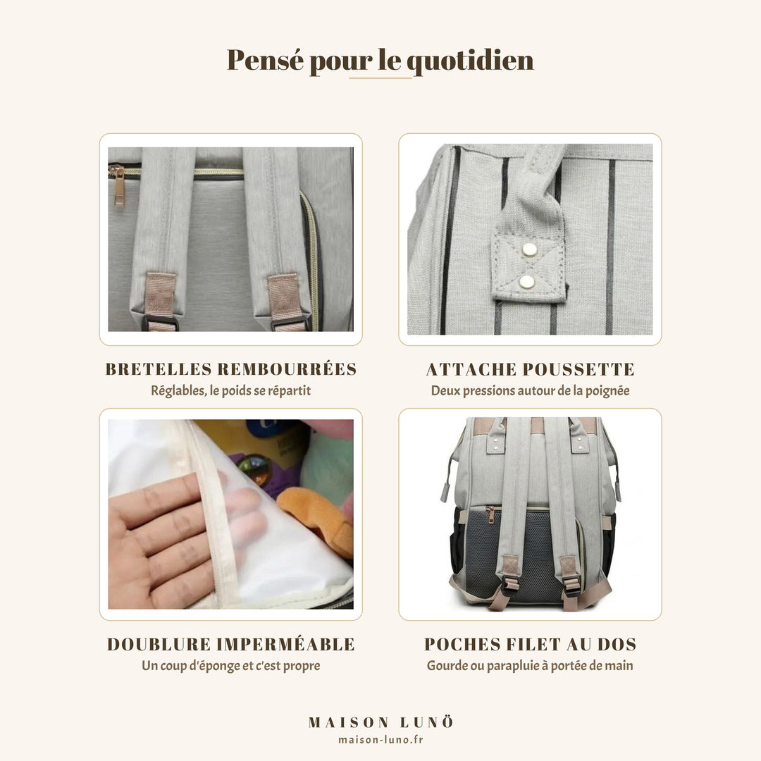 Détails du sac à dos à langer multifonction Maison Lunö — bretelles rembourrées, attache poussette, doublure imperméable et poches filet au dos