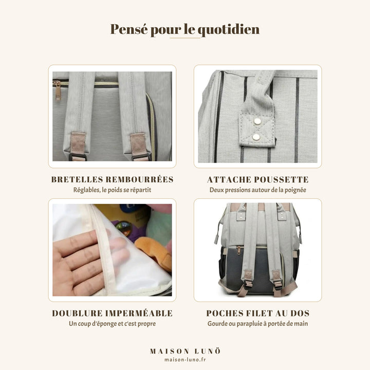 Détails du sac à dos à langer multifonction Maison Lunö — bretelles rembourrées, attache poussette, doublure imperméable et poches filet au dos