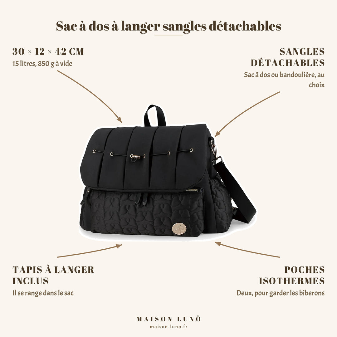 Sac à dos à langer sangles détachables Maison Lunö — 30 × 12 × 42 cm, 15 litres, tapis à langer et poches isothermes