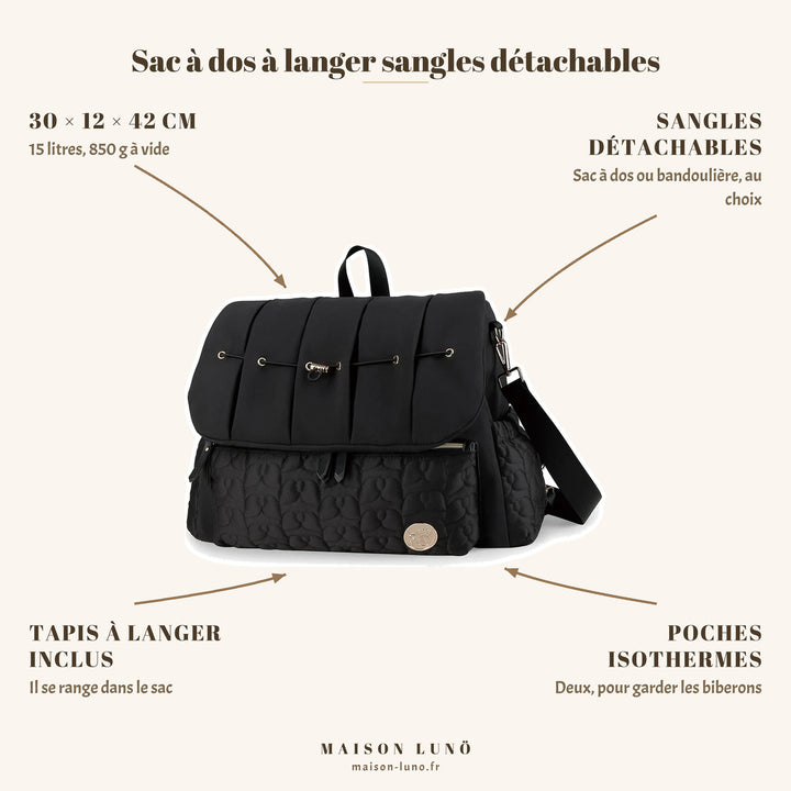 Sac à dos à langer sangles détachables Maison Lunö — 30 × 12 × 42 cm, 15 litres, tapis à langer et poches isothermes