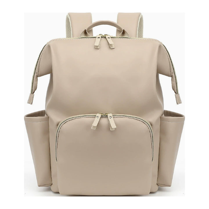 Sac à dos à langer lisse en simili-cuir beige sable Maison Lunö, vue de face