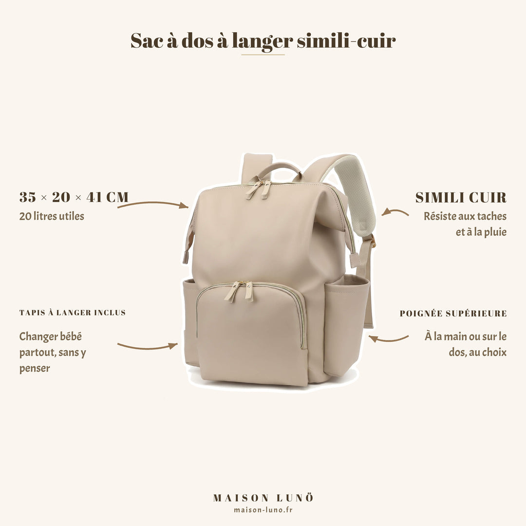 Sac à dos à langer en simili-cuir Maison Lunö — 35 × 20 × 41 cm, 20 litres, tapis à langer inclus et poignée supérieure