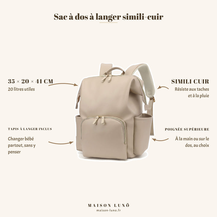 Sac à dos à langer en simili-cuir Maison Lunö — 35 × 20 × 41 cm, 20 litres, tapis à langer inclus et poignée supérieure