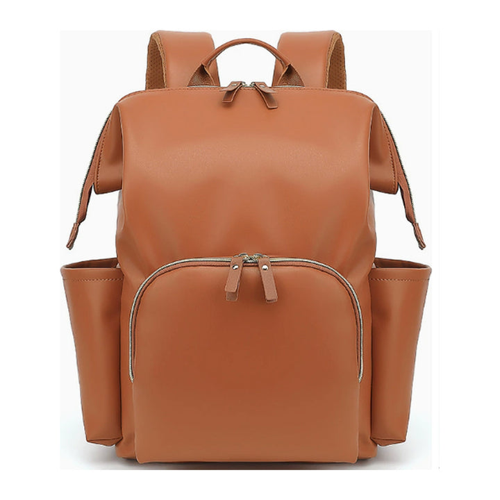 Sac à dos à langer lisse en simili-cuir caramel Maison Lunö, vue de face