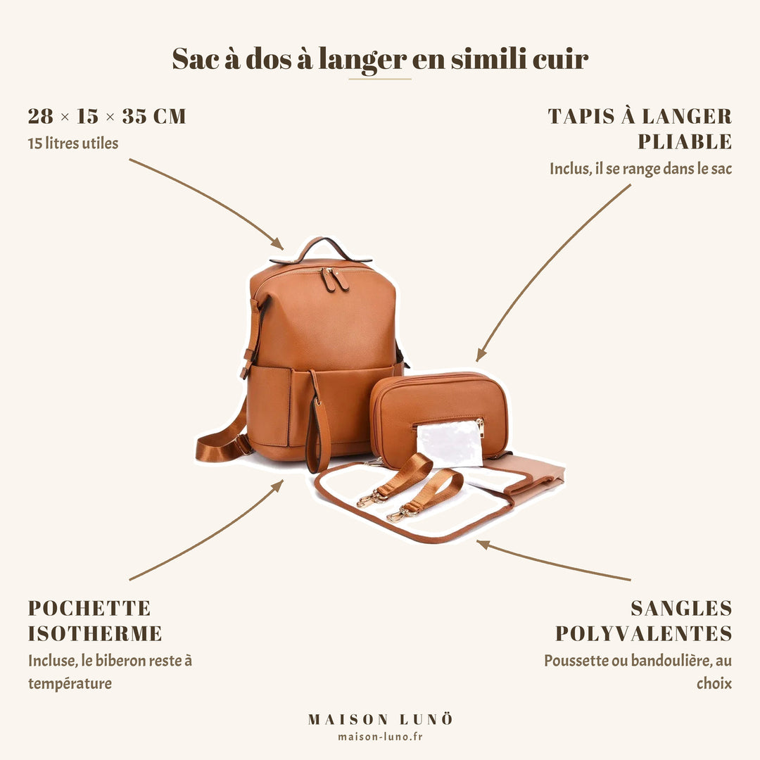Sac à dos à langer en simili cuir Maison Lunö — 28 × 15 × 35 cm, 15 litres, tapis à langer pliable et pochette isotherme inclus