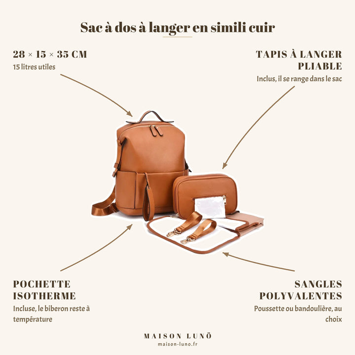 Sac à dos à langer en simili cuir Maison Lunö — 28 × 15 × 35 cm, 15 litres, tapis à langer pliable et pochette isotherme inclus