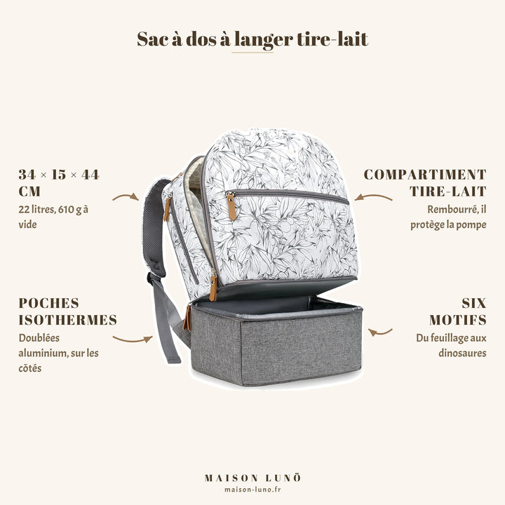 Sac à dos à langer tire-lait Maison Lunö — 34 × 15 × 44 cm, 22 litres, compartiment tire-lait rembourré et poches isothermes