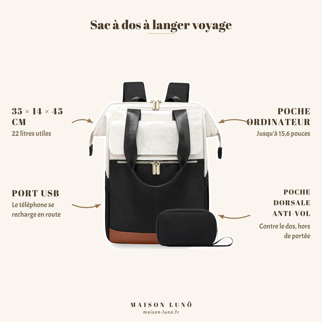 Sac à dos à langer voyage Maison Lunö — 35 × 14 × 45 cm, 22 litres, poche ordinateur 15,6 pouces, port USB et poche dorsale anti-vol