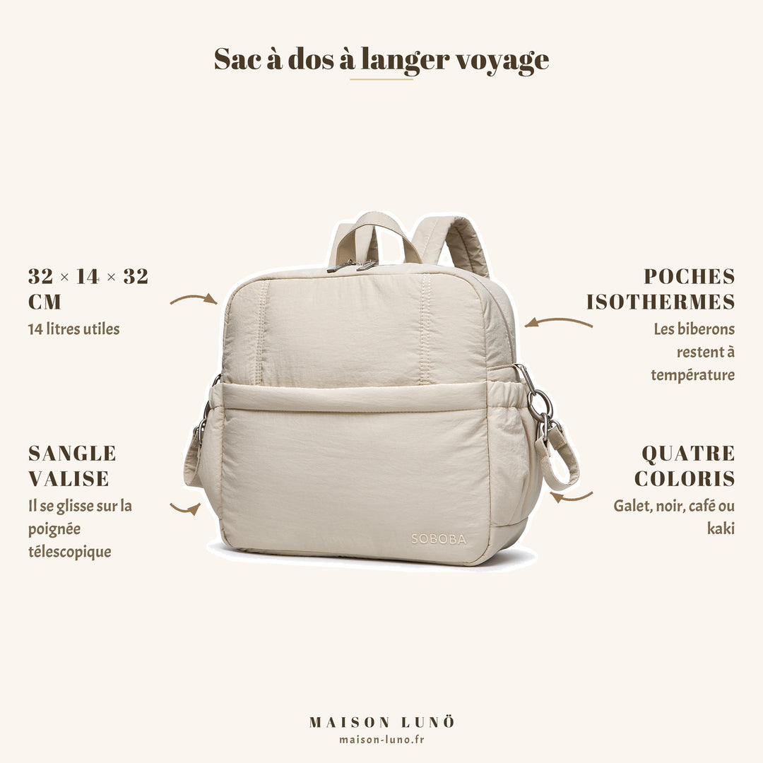 Sac à dos à langer voyage Maison Lunö — 32 × 14 × 32 cm, 14 litres, poches isothermes et sangle valise