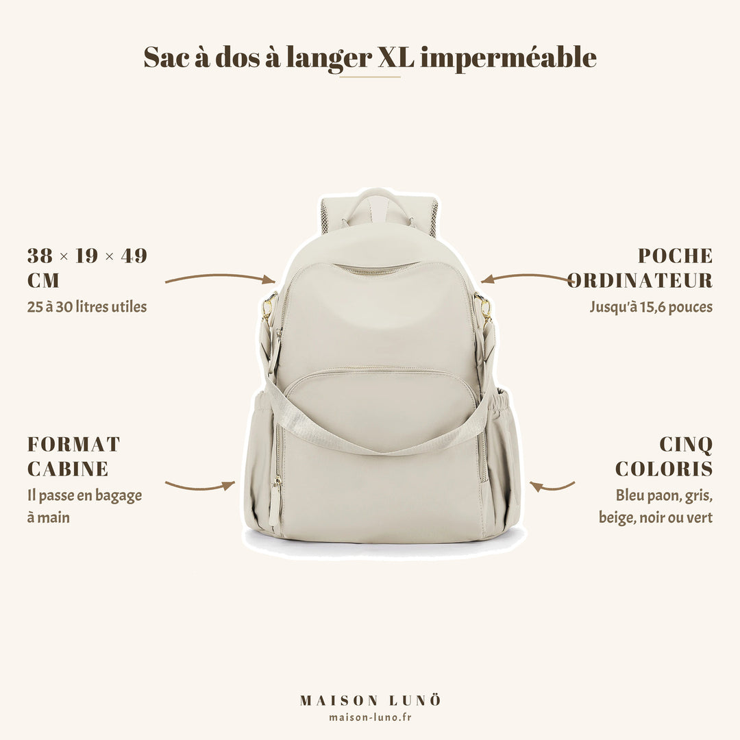 Sac à dos à langer XL imperméable Maison Lunö — 38 × 19 × 49 cm, 25 à 30 litres, poche ordinateur 15,6 pouces et format cabine