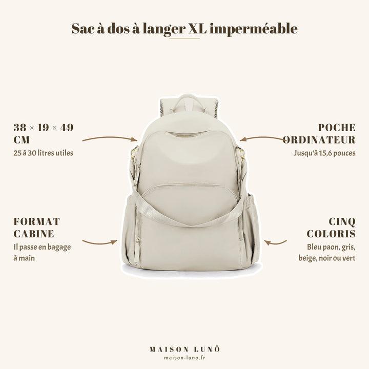 Sac à dos à langer XL imperméable Maison Lunö — 38 × 19 × 49 cm, 25 à 30 litres, poche ordinateur 15,6 pouces et format cabine