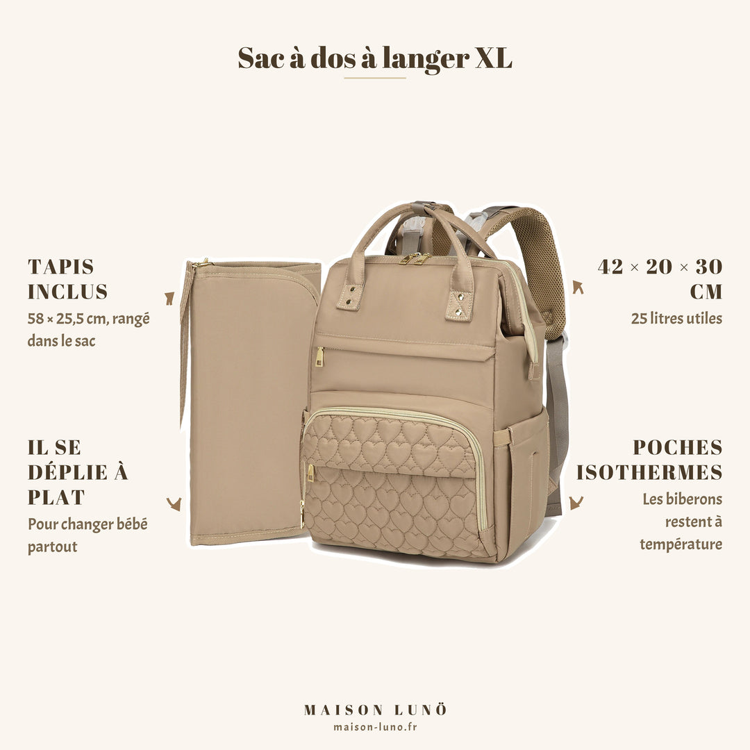 Sac à dos à langer XL Maison Lunö — 42 × 20 × 30 cm, 25 litres, tapis à langer 58 × 25,5 cm inclus et poches isothermes
