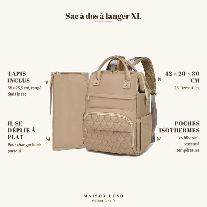 Sac à dos à langer XL Maison Lunö — 42 × 20 × 30 cm, 25 litres, tapis à langer 58 × 25,5 cm inclus et poches isothermes