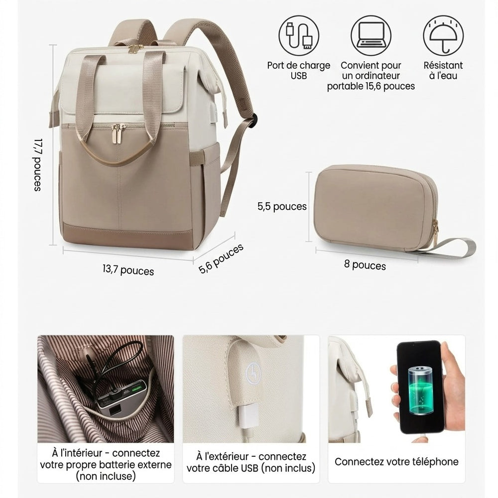 Sac à dos à langer crème — Voyage versatile ordinateur grande capacité – Maison Lunö (photo 2)