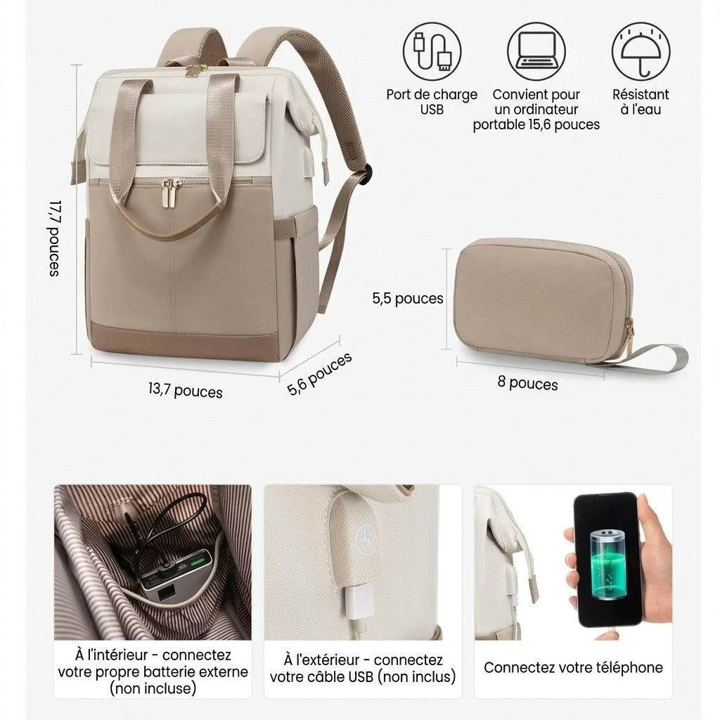 Sac à dos à langer crème — Voyage versatile ordinateur grande capacité – Maison Lunö (photo 2)
